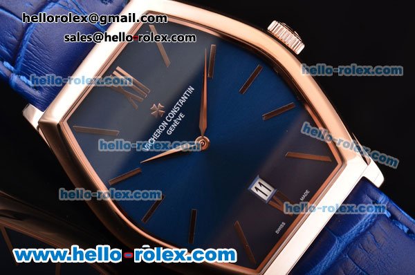 Vacheron Constantin Malte Japanese Miyota OS2035 Quartz Rose Gold Case with Blue Leather Strap and Blue Dial - Click Image to Close